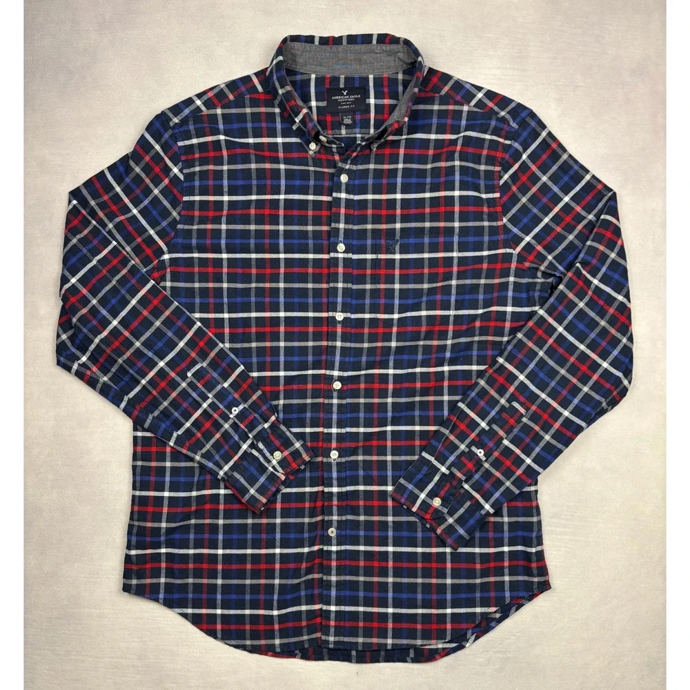American Eagle Outfitters Mens‎ XL Classic Fit Plaid Button Down Shirt Navy Red